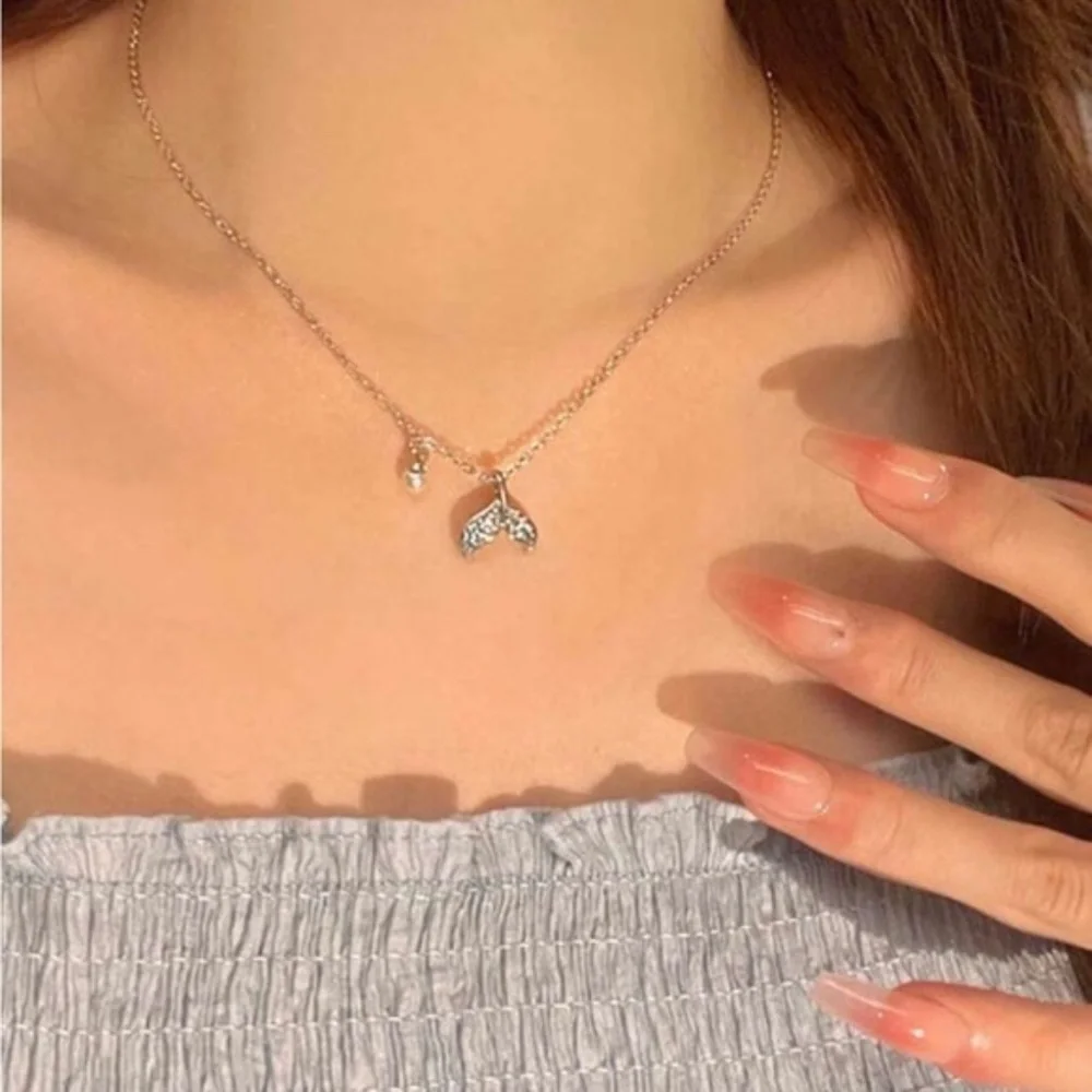 Silver Blue Rhinestone Mermaid Tail Pendant Necklace
